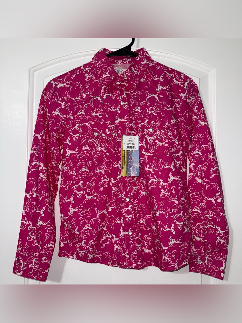 NWT Panhandle Pearl Snap Button Down Shirt Girls Youth Size Large Pink Horses
